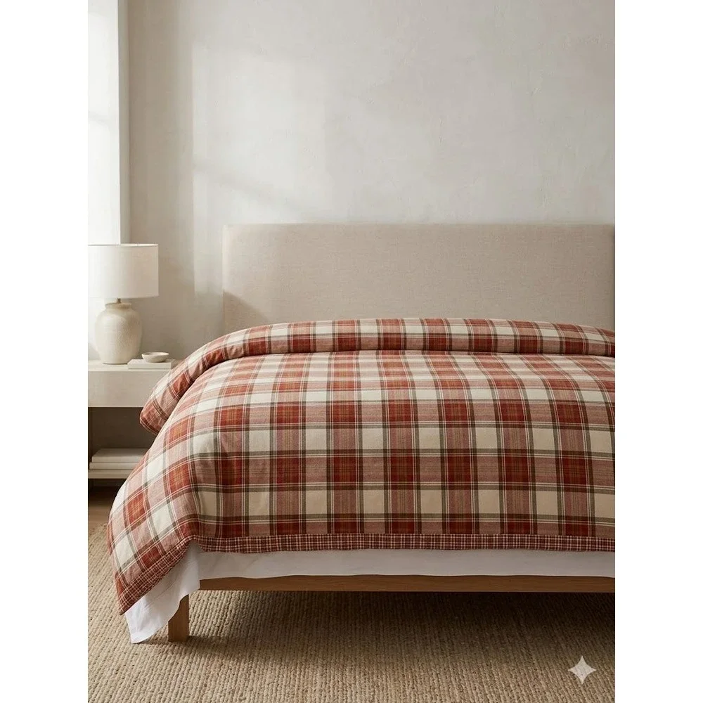 Eddie Bauer Home King Duvet Cover Reversible Red Tan Plaid Check Cotton Lodge‎